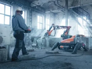 Drone and demolition robot in action on construction site using AI technology